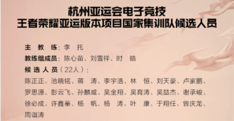 王者荣耀亚运版本国家集训队名单